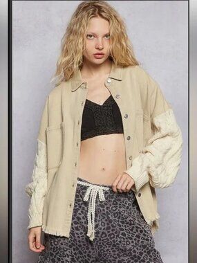 POL denim sweater sleeve shacket Mixed Media Distressed Shacket